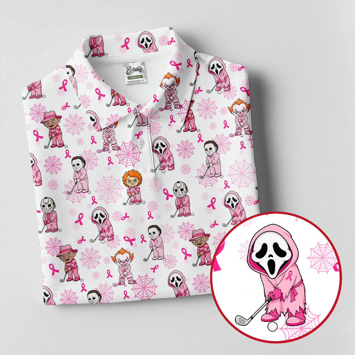Halloween Horror Character Breast Cancer Polo Shirt, Mens Golf Polo, Golf Apparel For Men