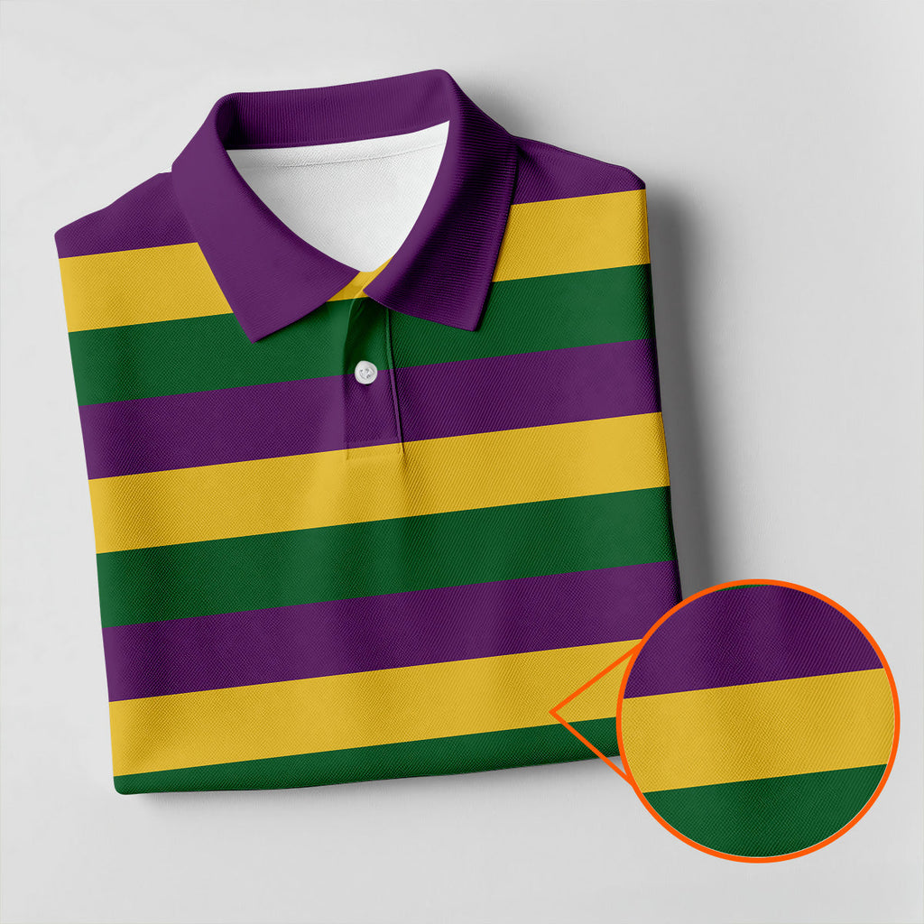 Gold Purple Green Mardi Gras Stripe Men's Golf Polo Shirt Golf Gift For Men, Golf Shirts For Men