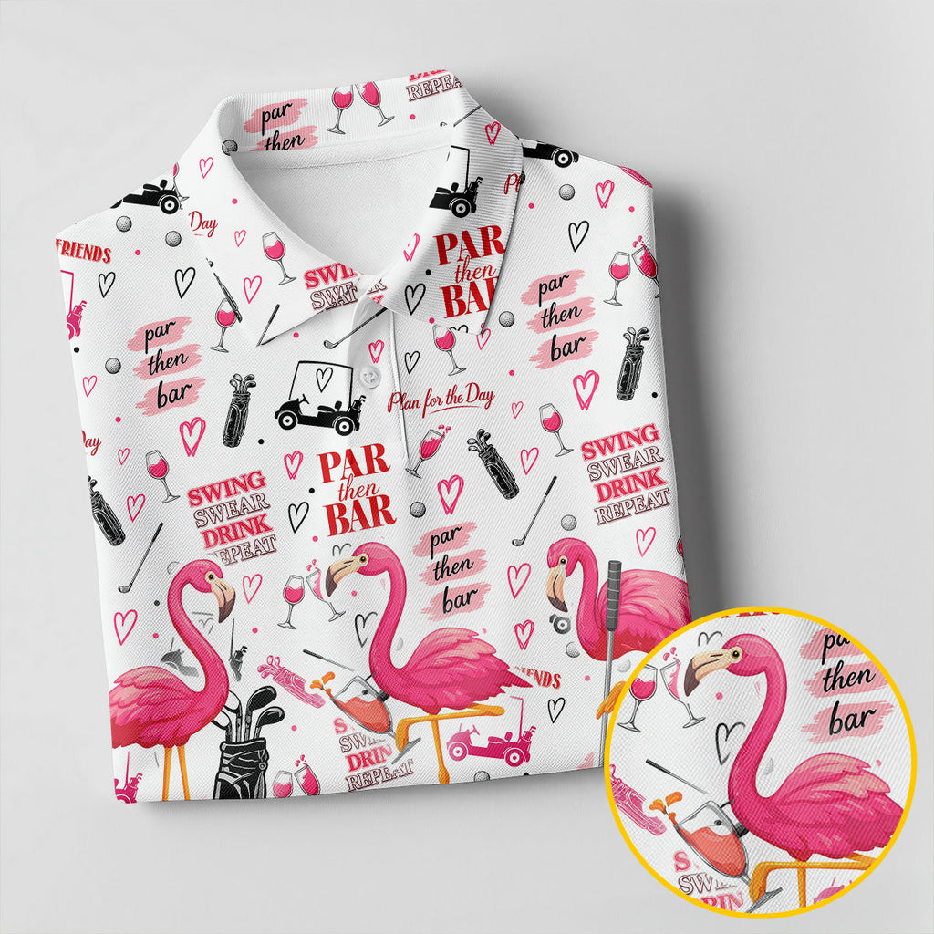 Par Then Bar Flamingo Golf Shirt, Tropical Party Polo Shirts For Men, Golf Shirts For Men