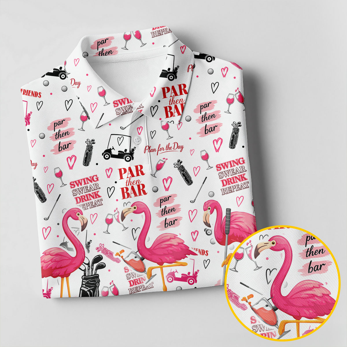 Par Then Bar Flamingo Golf Shirt, Tropical Party Polo Shirts For Men, Golf Shirts For Men