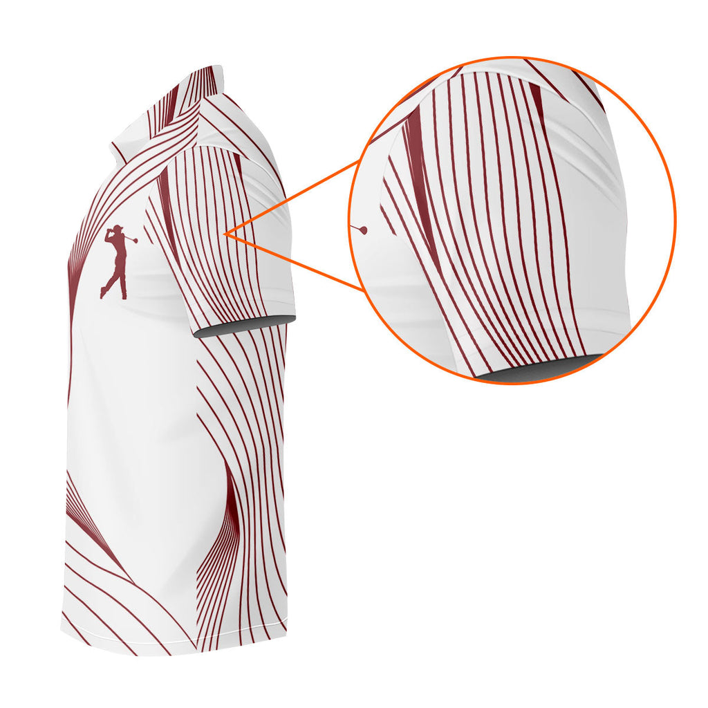Geometric Line Wavy Line Maroon And White Golf Shirts For Men, Men's Golf Shirt, Polo Shirts For Men