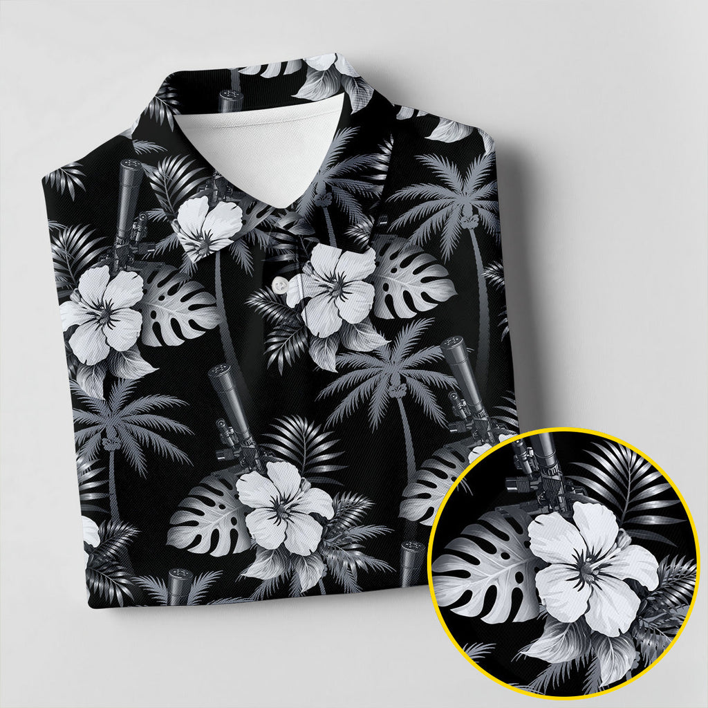 White Hibicus Black Hawaiian Golf Shirt, Tropical Summer Theme Golf Shirts For Men