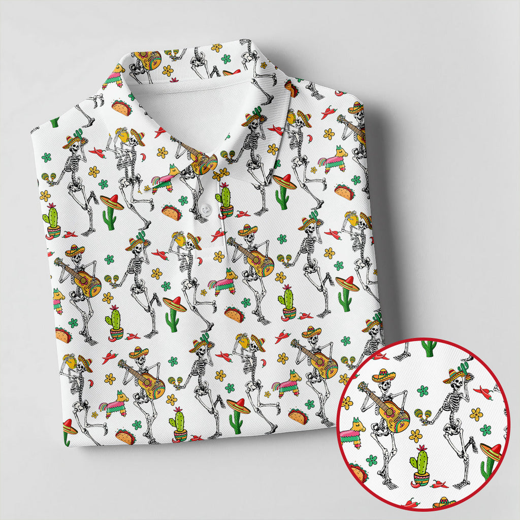 Dia De Muertos Skeletons Cinco De Mayo Celebration Fiesta Themed White Golf Shirts For Men