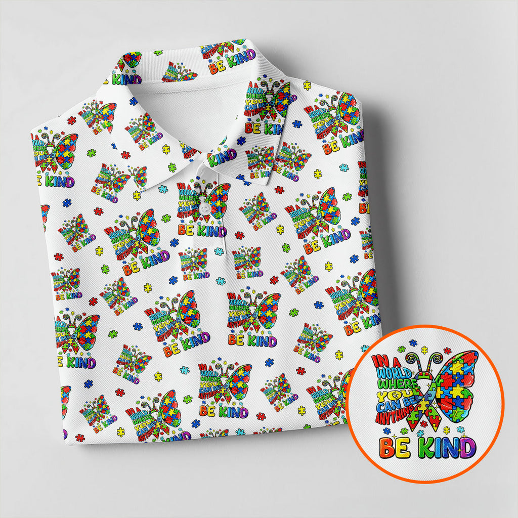 In A World Where You Can Be Anything Be Kind Rainbow Butterfly Autism Awareness White Golf Shirt, Golf Shirts For Men