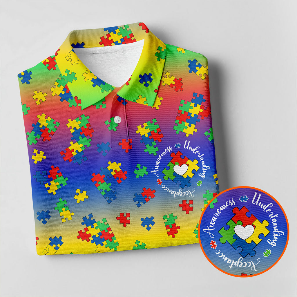 Acceptance Awareness Understanding Autism Puzzle Rainbow Gradient Golf Tops For Men, Golf Shirts For Men