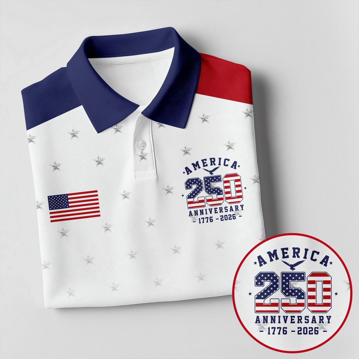 America 250 Anniversary 1776-2026 Flag Logo Golf Shirts For Men, Patriotic 4th Of July Golf Shirt