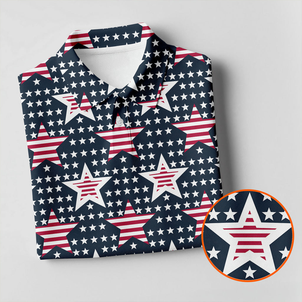 Red And White Stripe Stars Seamless Pattern 250th Anniversary Golf Shirts For Men, Patriotic Golf Shirt