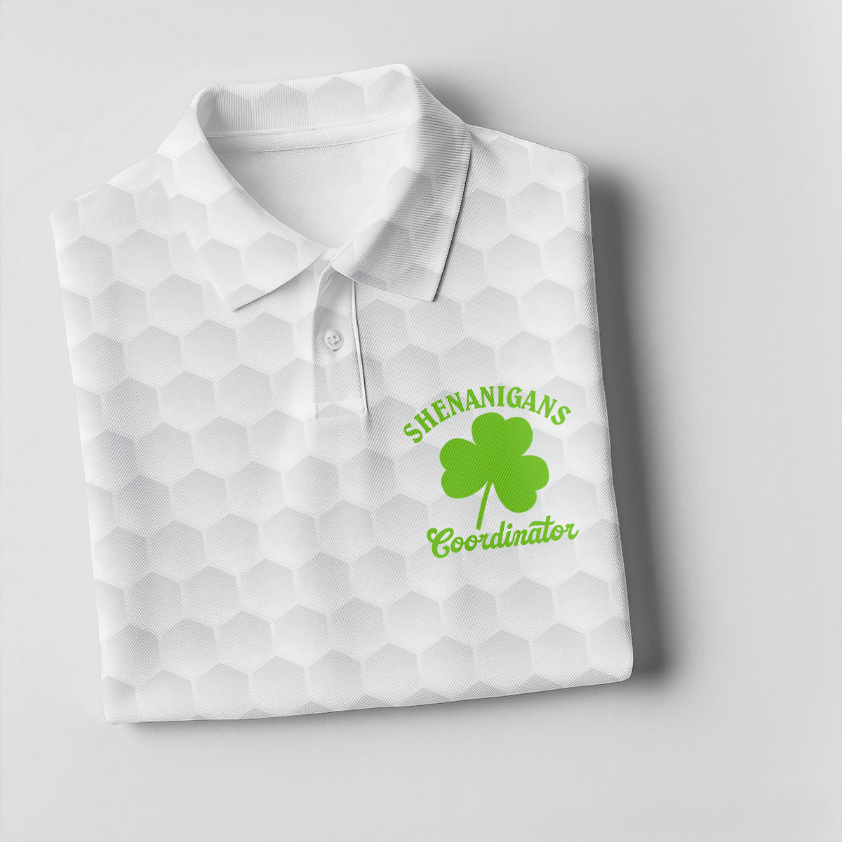 Shenanigans Coordinator Golf Ball Pattern St Patrick Day White Golf Shirt, Golf Tops For Men, Golf Shirts For Men