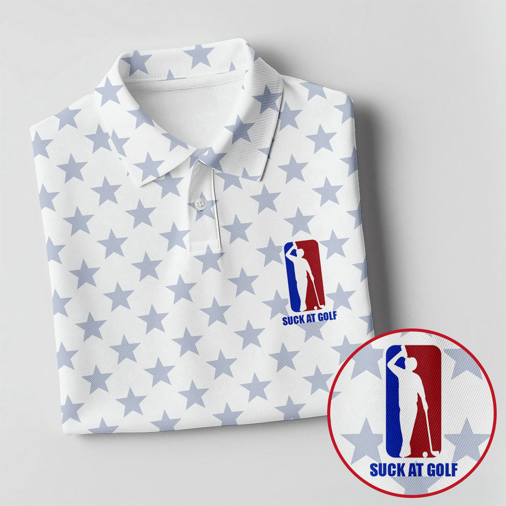 Suck At Golf Patriotic 4th Of July Stars Pattern White Golf Shirt, 250th Anniversary Golf Shirts For Men