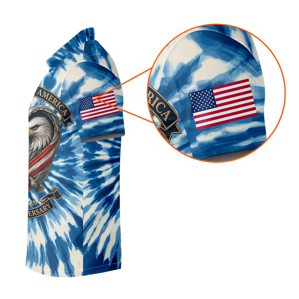 USA 250th Anniversary Tie Dye Print Bald Eagle Golf Shirt, Patriotic 4th Of July Golf Shirts For Men