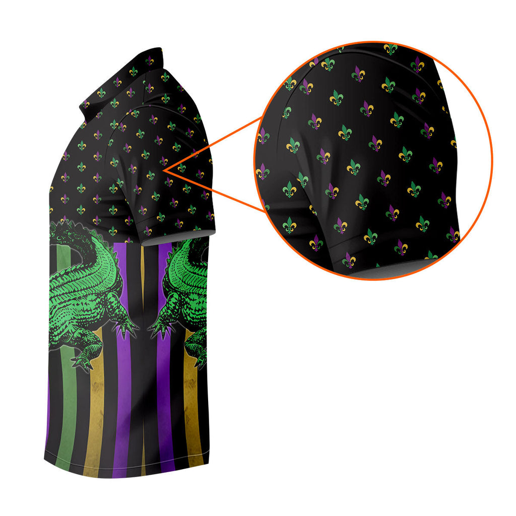 Mardi Gras Aligator Purple Green Gold Vertical Stripes Fleur De Lis Golf Tops For Men, Polo Shirts For Men