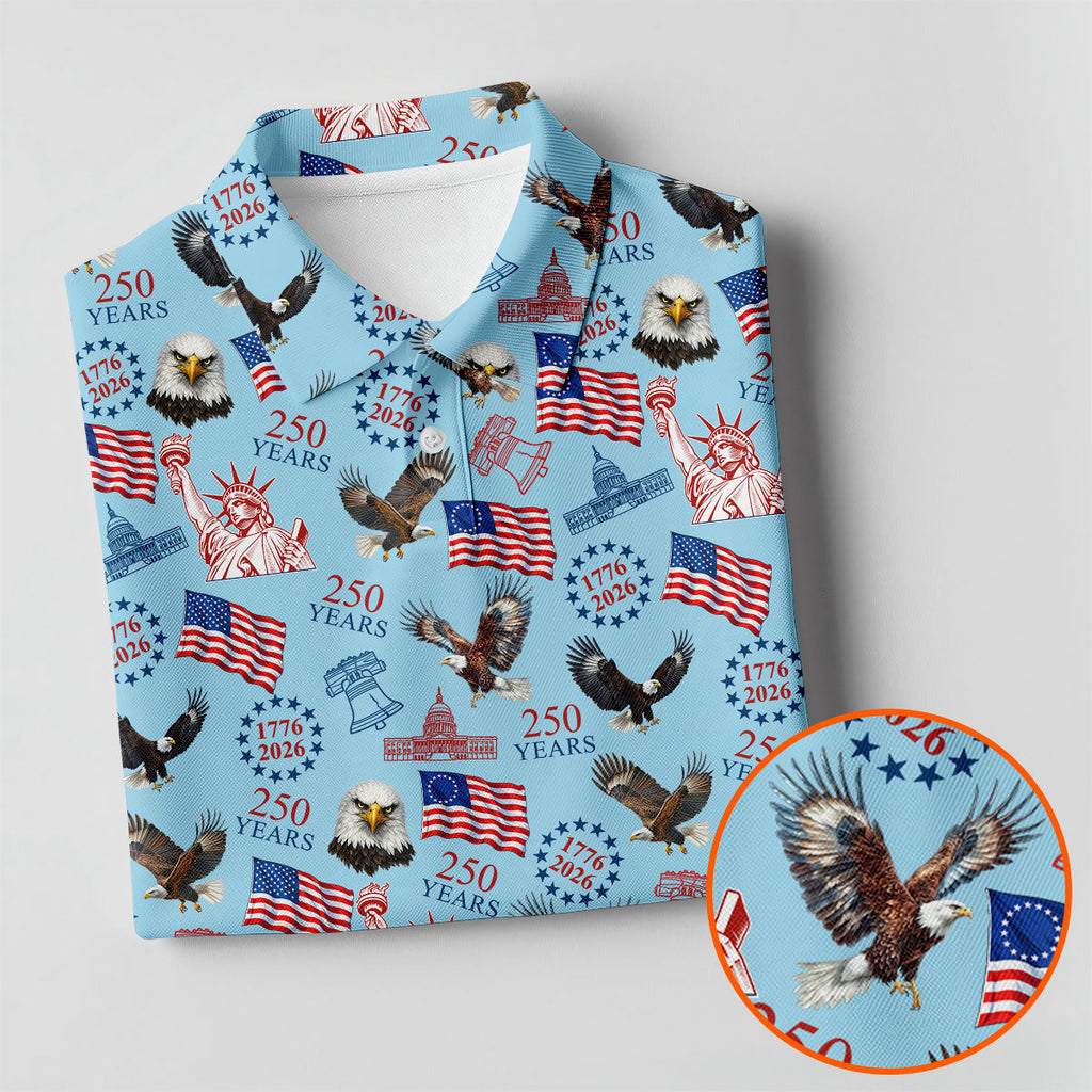 250 Years American Symbol Patriotic Pattern Blue Golf Shirt, 4th Of July Golf Shirt, Golf Shirts For Men