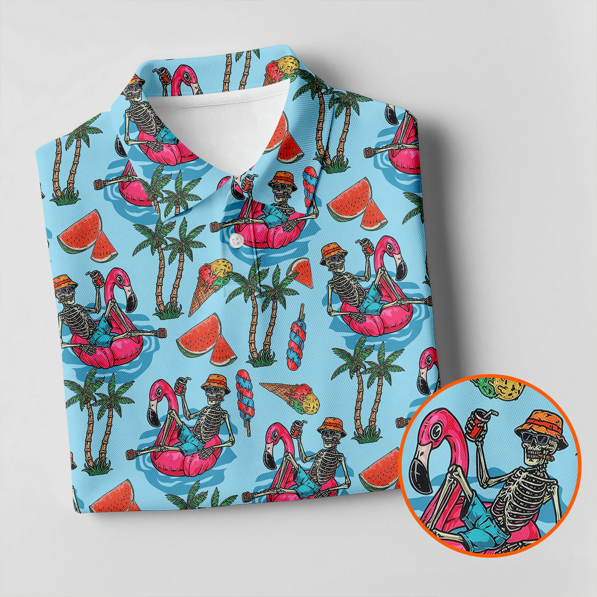 Skeleton Flamingo Summer Vibe Retro Golf Shirt, Men's Funny Golf Shirts, Polo Shirts For Men, Golf Shirts For Men