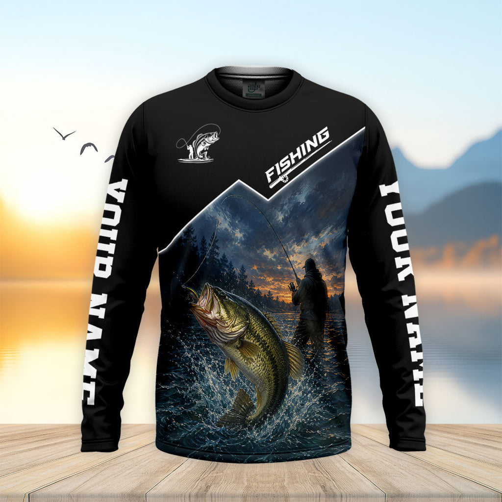 Custom Bass Fishing Lake Sunset UPF Shirt, Long Sleeve Fishing Shirt, Fishing Shirts For Men