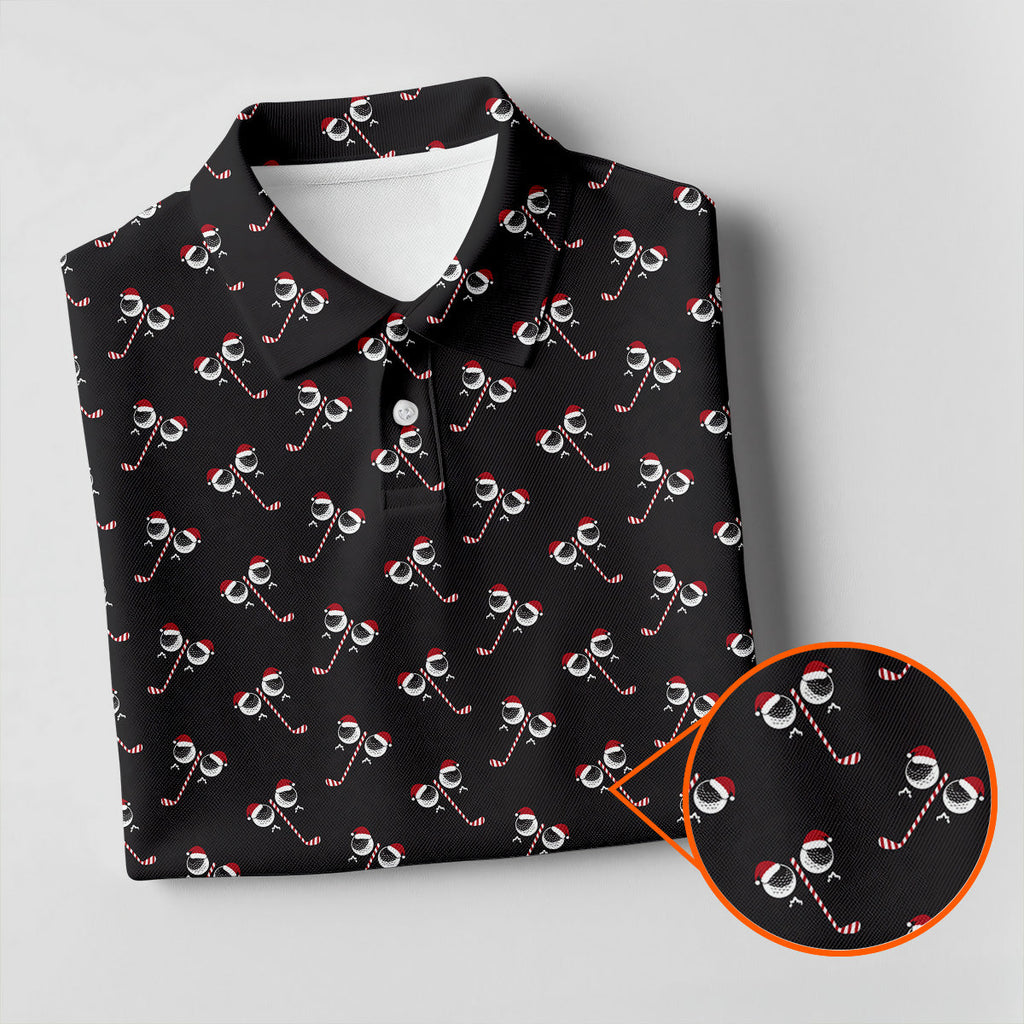 Funny Christmas Candy Cane Pattern Black Golf Shirt, Polo Shirts For Men, Christmas Golf Shirt