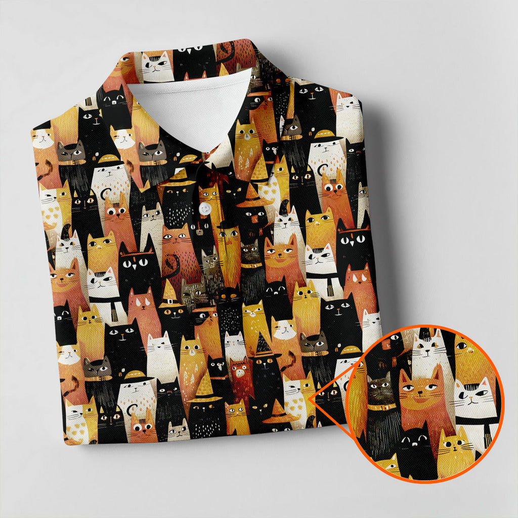 Orange Black Halloween Cat Fun Golf Shirts For Men, Cute Golf Outfit, Polo Shirts For Men
