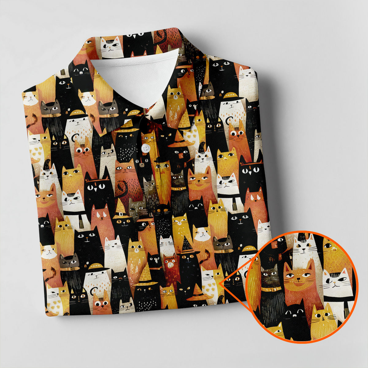Orange Black Halloween Cat Fun Golf Shirts For Men, Cute Golf Outfit, Polo Shirts For Men