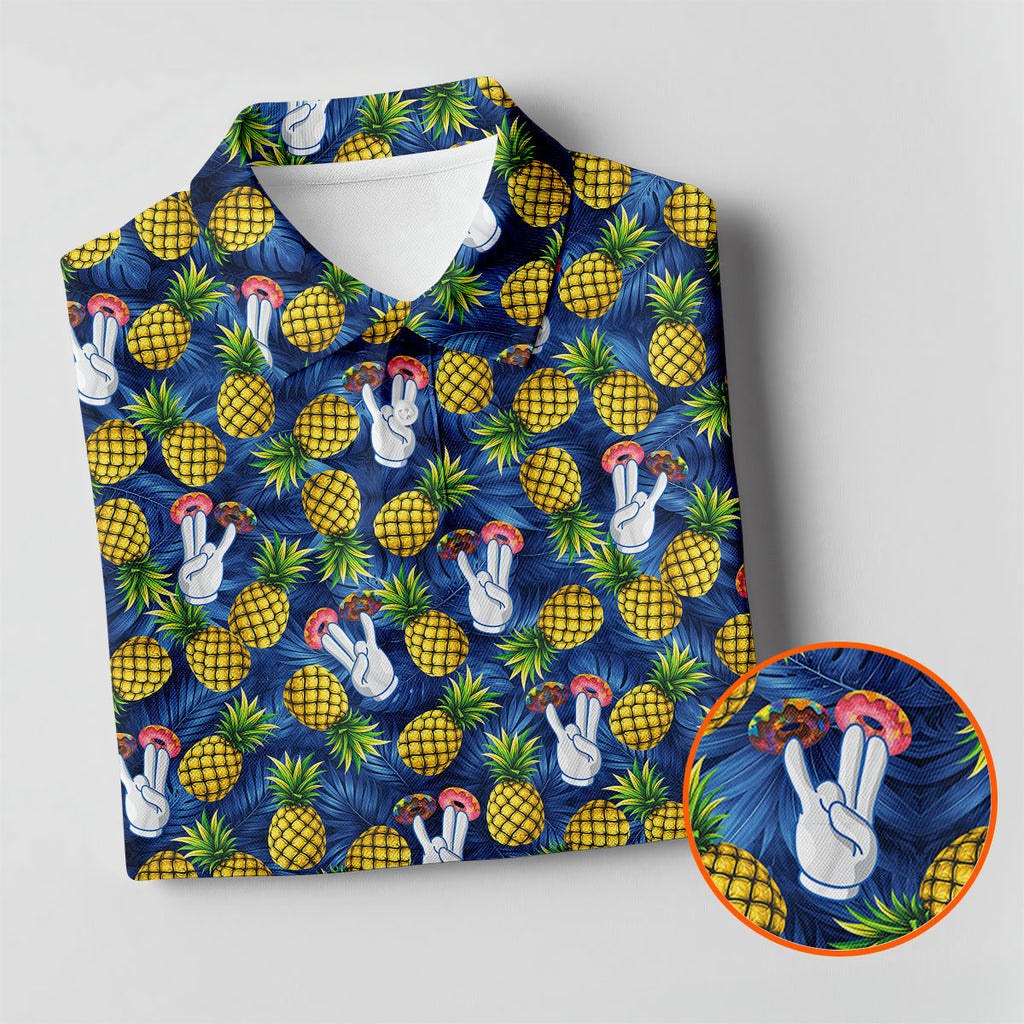 Hawaiian Pineapples Donut Finger Blue Green Yellow Fun Golf Shirts For Men, Polo Shirts For Men