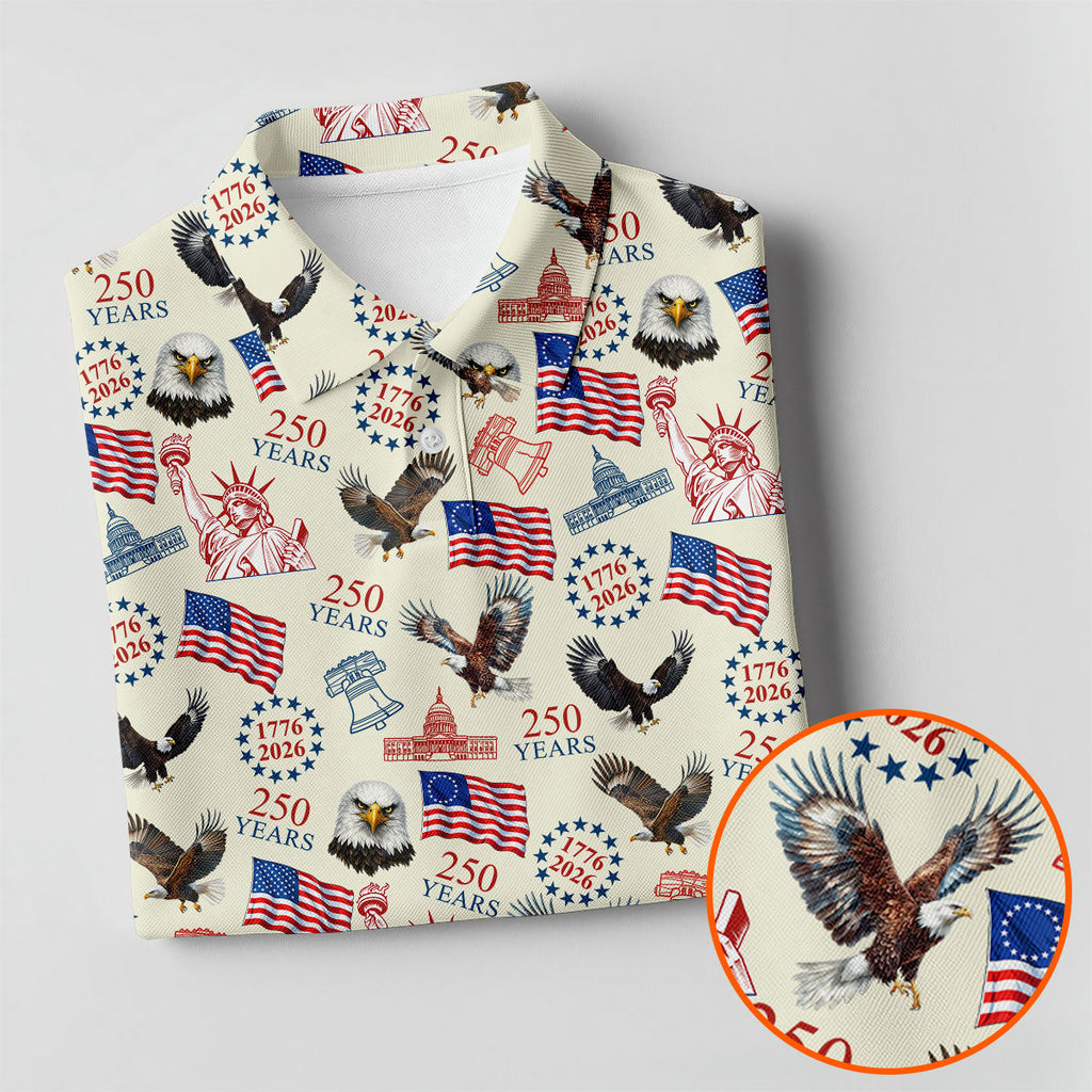 250 Years American Symbol Patriotic Pattern Beige Golf Shirt, 4th Of July Golf Shirt, Golf Shirts For Men