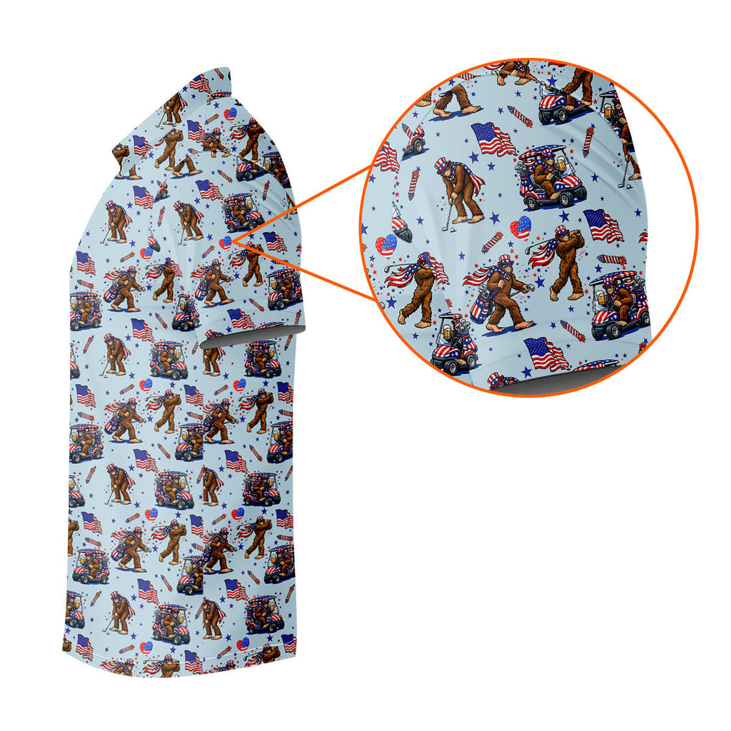 Funny Bigfoot 4th Of July American Flag Pattern Light Blue Golf Shirts For Men, 250th Anniversary Patriotic Golf Shirt