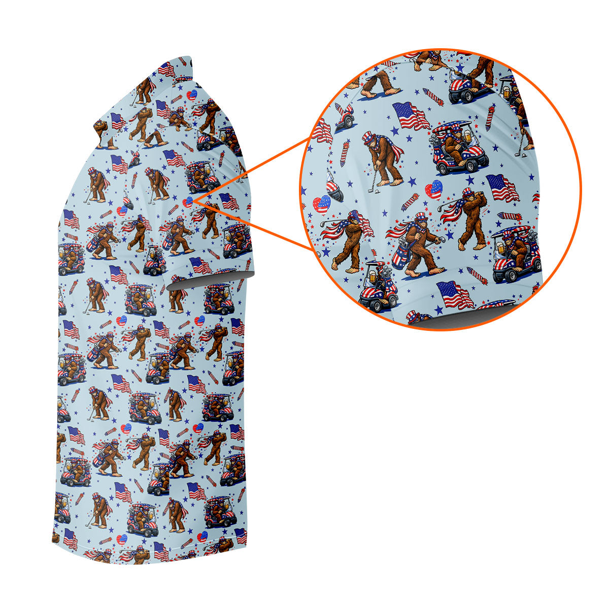 Funny Bigfoot 4th Of July American Flag Pattern Light Blue Golf Shirts For Men, 250th Anniversary Patriotic Golf Shirt
