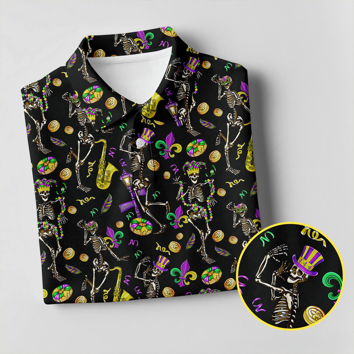 Dancing Skeleton Mardi Gras Fleur De Lis Black Golf Shirt, Polo Shirts For Men, Golf Shirts For Men