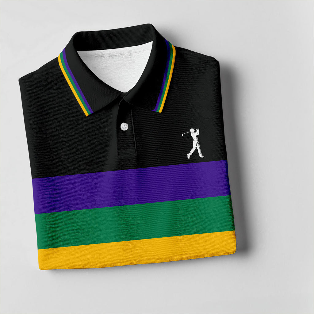 Mardi Gras Purple Green Gold Horizontal Stripes Black Golf Shirt, Golf Tops For Men, Polo Shirts For Men