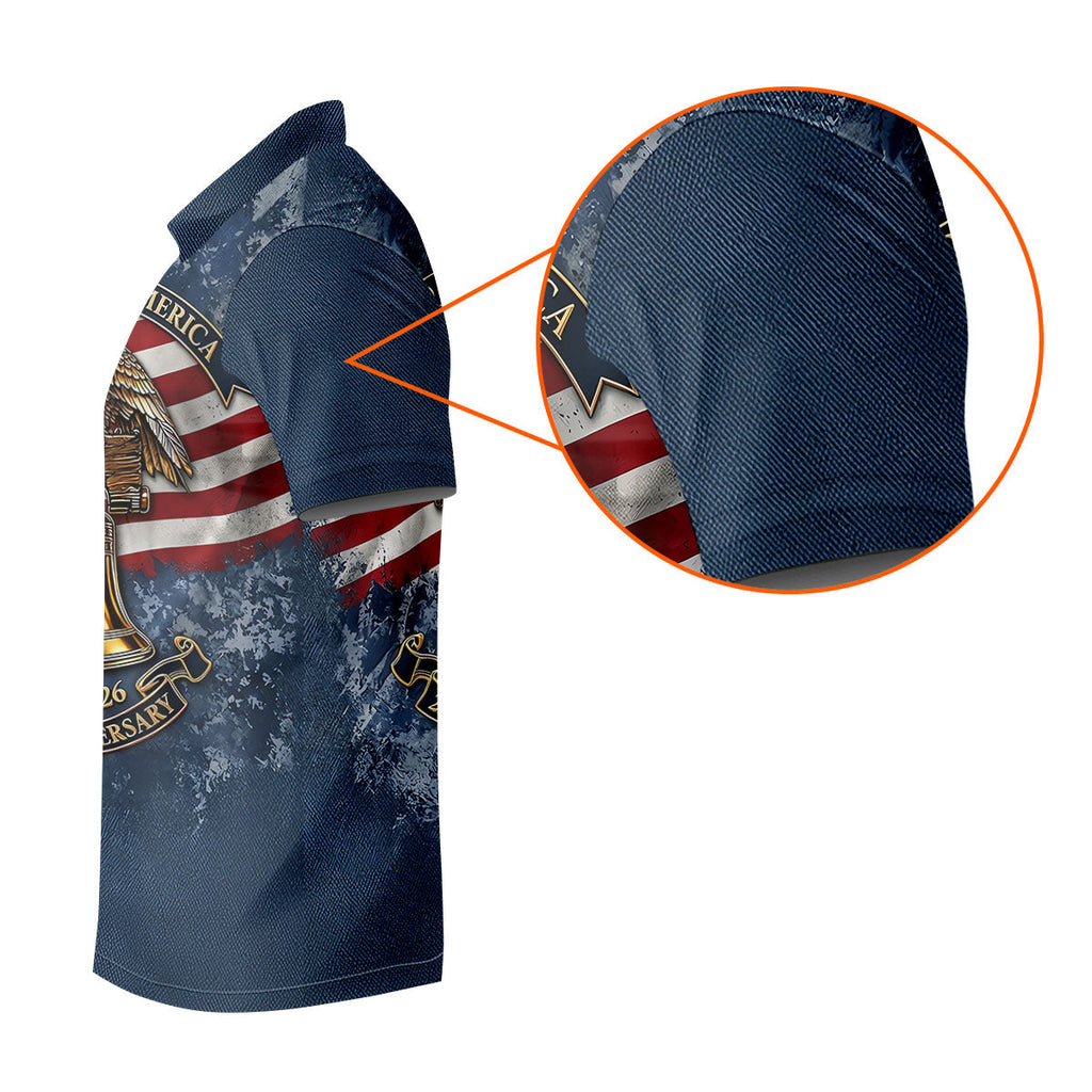 Patriotic Bald Eagle Liberty Bell Distressed Golf Shirt, 250 Years 4th Of July Golf Shirts For Men