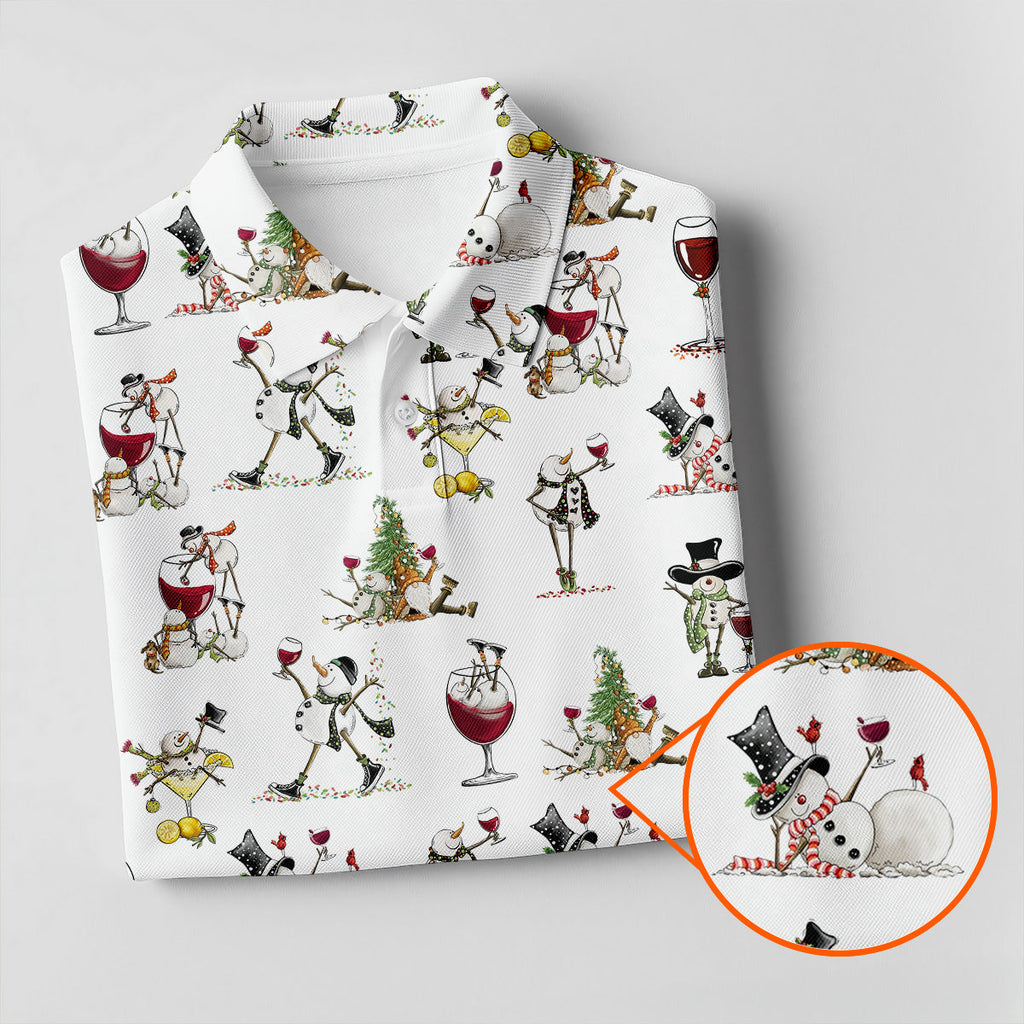 Funny Snowman Drinking Wine White Golf Shirt, Christmas Golf Shirt, Polo Shirts For Men, Golf Gift For Men