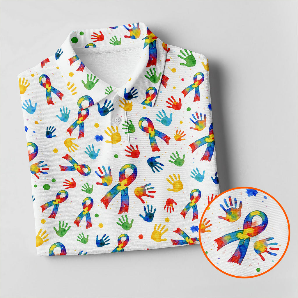 Colorful Handprints Autism Ribbon Golf Tops For Men, Autism Awareness Color Golf Shirts For Men