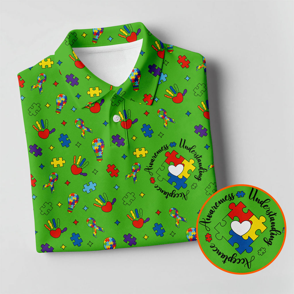 Awareness Understanding Acceptance Autism Ribbon Green Golf Shirt, Autism Awareness Colors Golf Shirts For Men