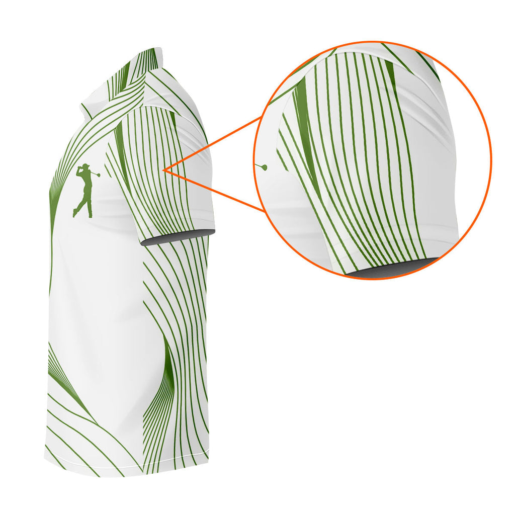 Geometric Line Wavy Line Green And White Golf Shirts For Men, Men's Golf Shirt, Polo Shirts For Men