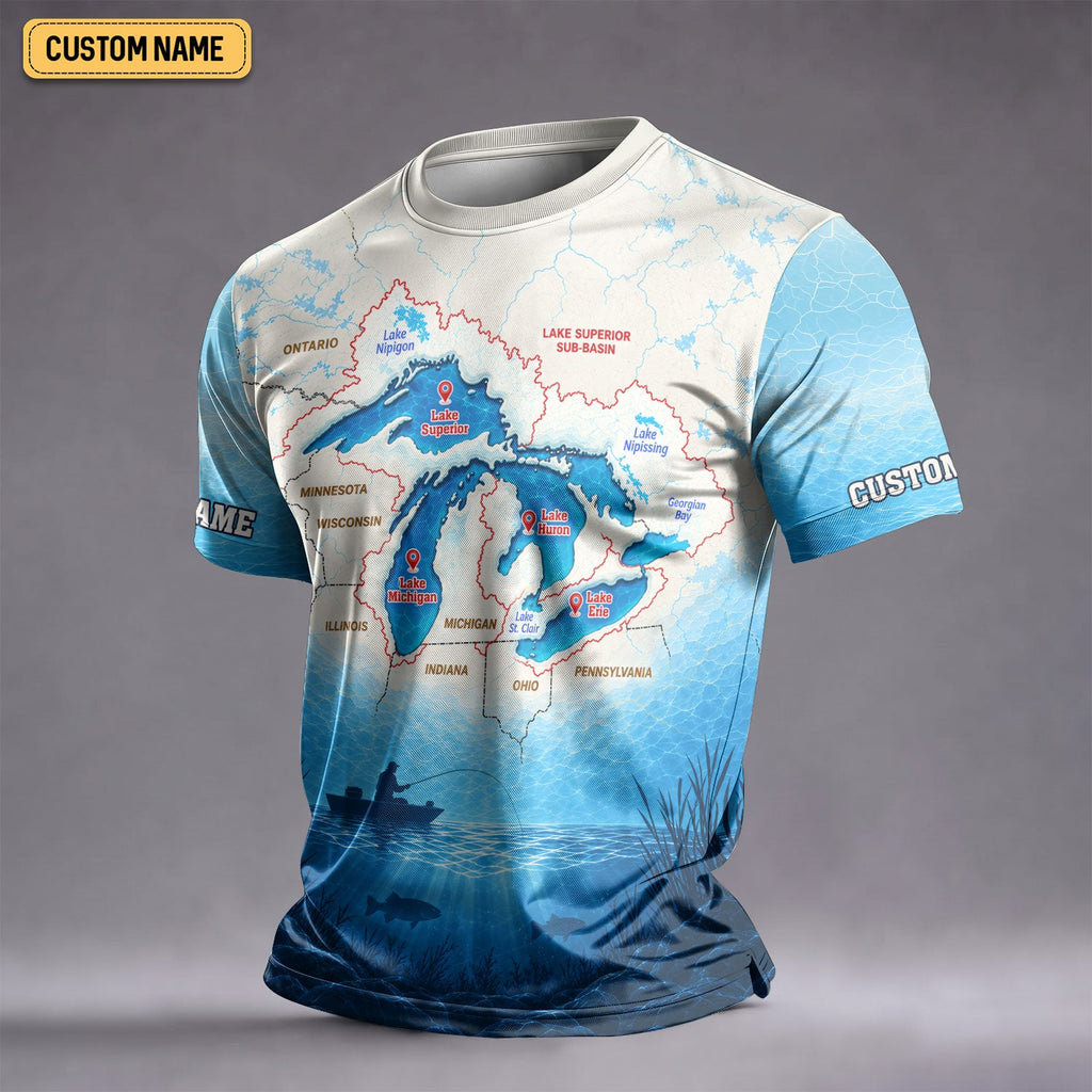 Personalized Great Lakes Fishing Map UPF Shirt, Mens Fishing Shirt, Fishing Apparel Shirt
