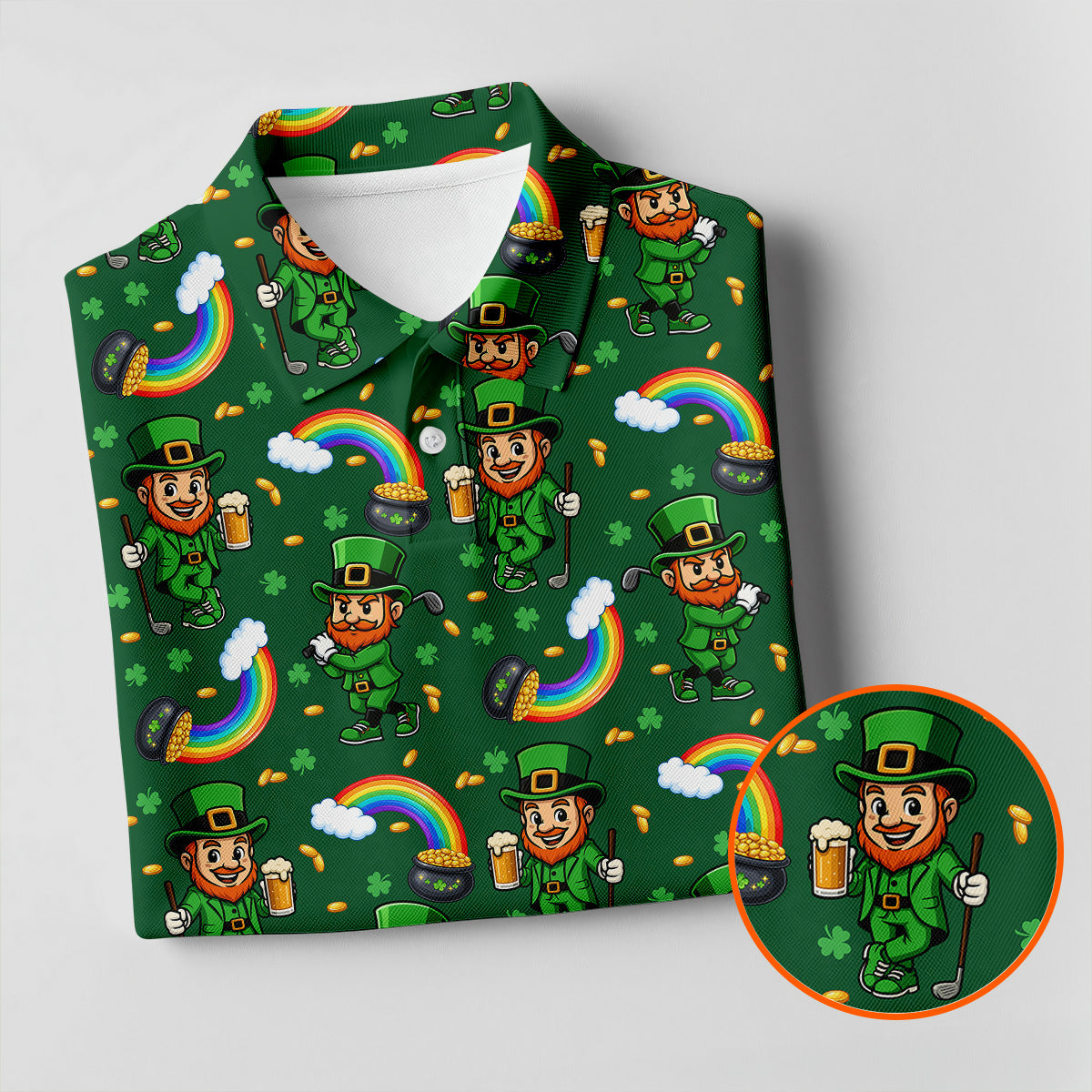 St Patrick's Day Leprechaun Golf Pose Rainbow Gold Pot Shamrock Golf Shirt, Golf Tops For Men, Golf Shirts For Men
