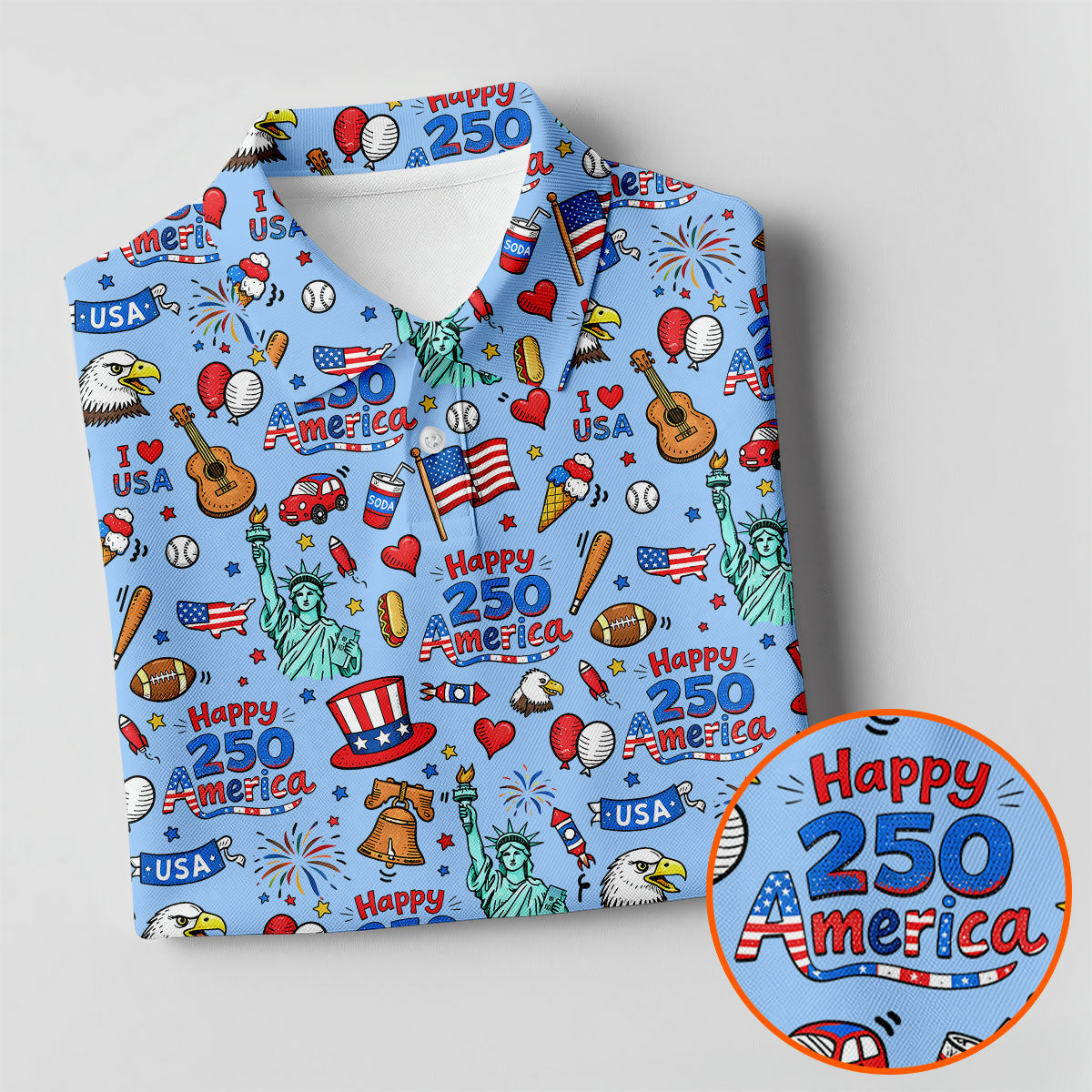 Happy 250 America Independence Celebration Blue Golf Shirt, Patriotic 4th Of July Golf Shirts For Men