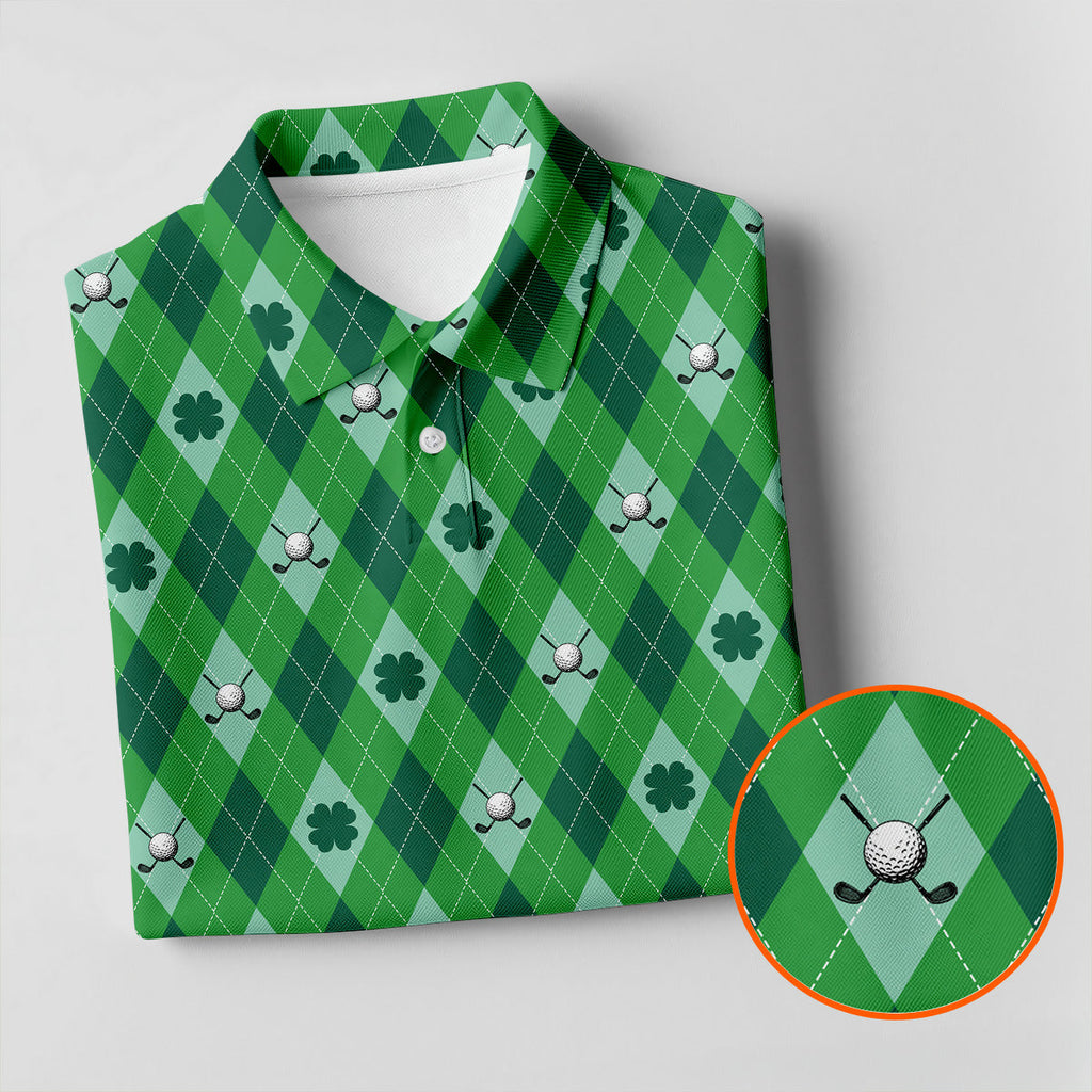 Lucky Four Leaf Clover Golf Ball Pattern Argyle Pattern St Patrick's Day Golf Shirt, Polo Shirts For Men