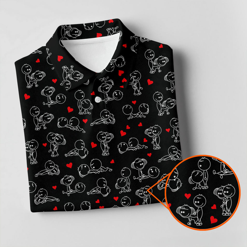 Naughty Position Stick Figure Couple Black Golf Shirt, Golfer Valentines Gift, Fun Golf Shirts For Men
