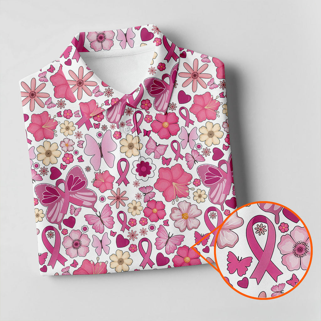Breast Cancer Pink Ribbon Floral Golf Shirt, Cancer Awareness Shirt, Polo Shirts For Men, Golfing Apparel