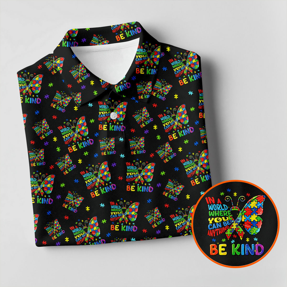 In A World Where You Can Be Anything Be Kind Rainbow Butterfly Autism Awareness Black Golf Shirt, Golf Shirts For Men