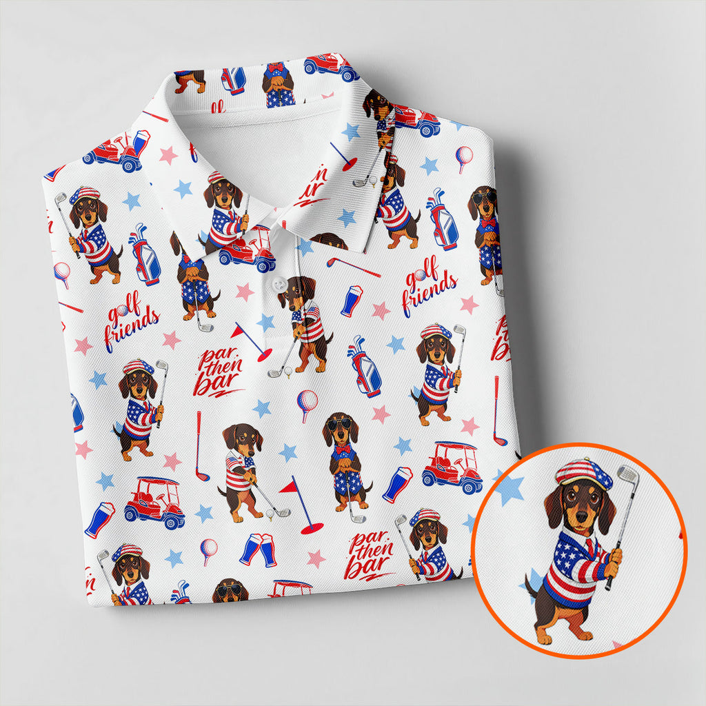 Par Then Bar Cute Dachshund Golf Pose 4th Of July Golf Shirts For Men, 250th Anniversary Patriotic Golf Shirt