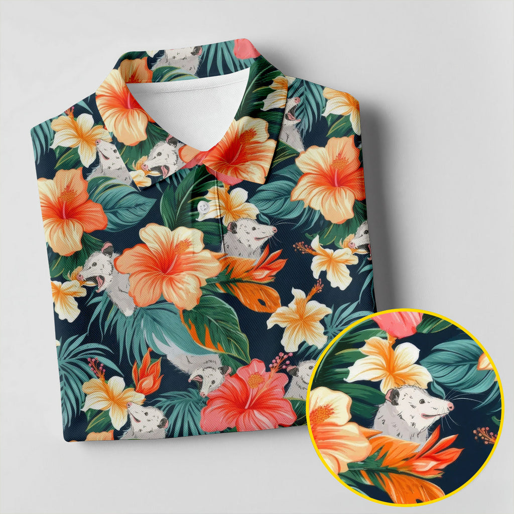 Large Hibiscus Flowers Tropical Vibe Golf Tops For Men, Hawaiian Golf Shirts, Polo Shirts For Men
