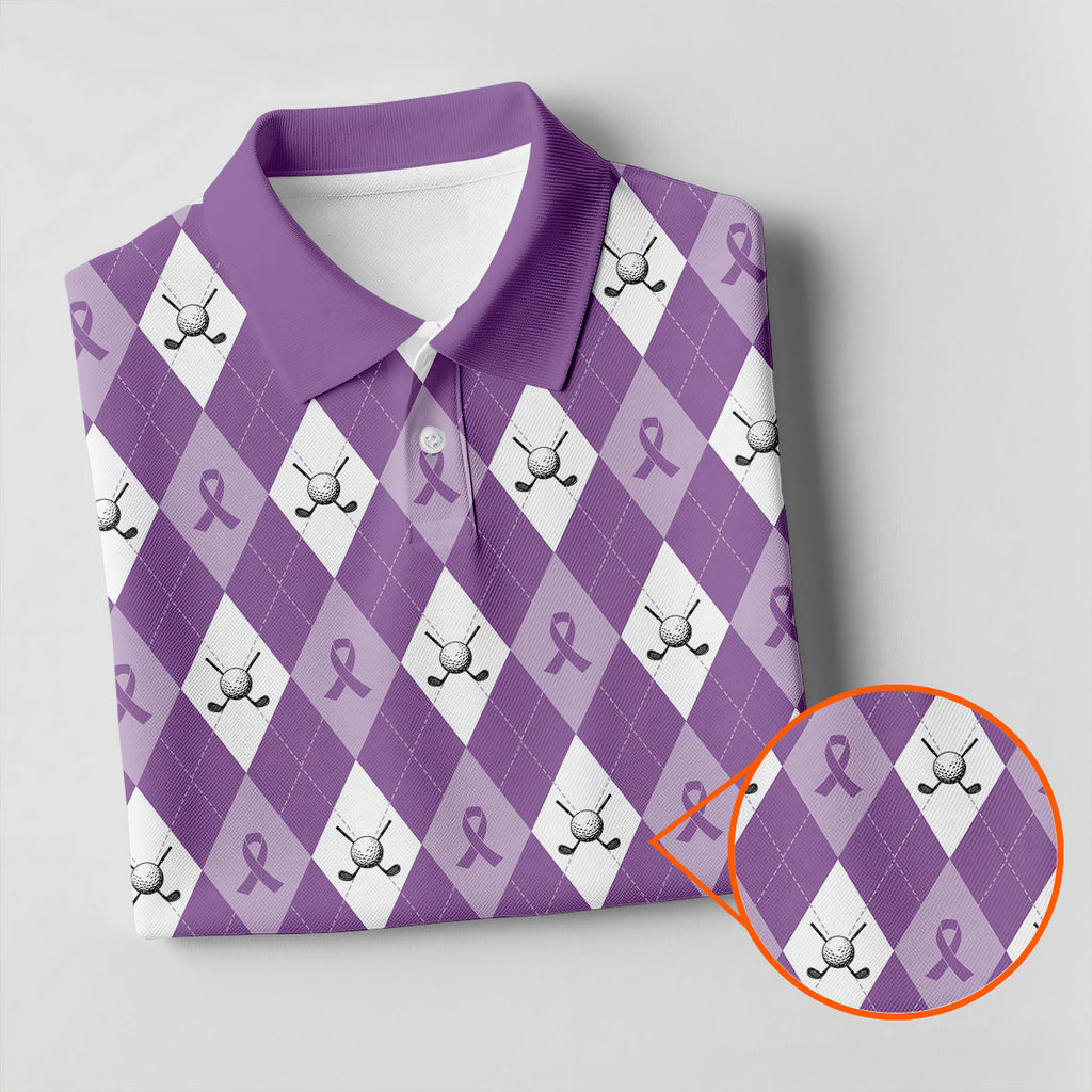 Pancreatic Cancer Purple And White Argyle Pattern Ladies Golf Shirts, Cancer Awareness Shirt