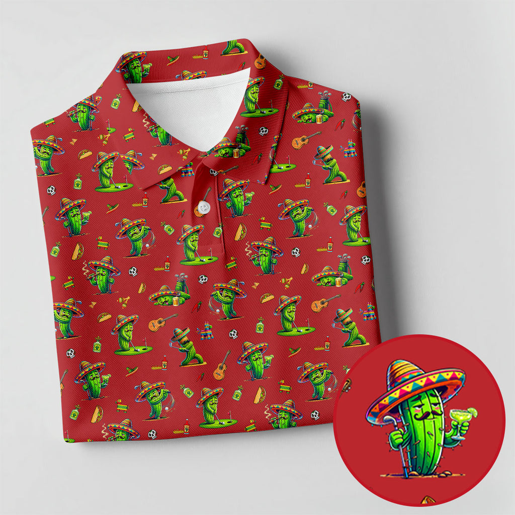 Cartoon Mustach Funny Cactus Cinco De Mayo Celebration Fiesta Themed Red Golf Shirts For Men