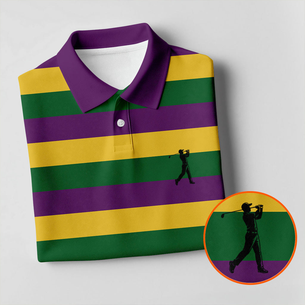 Gold Purple Green Mardi Gras Stripe Pattern Men's Golf Polo Shirts, Golf Gift For Men, Golf Shirts For Men