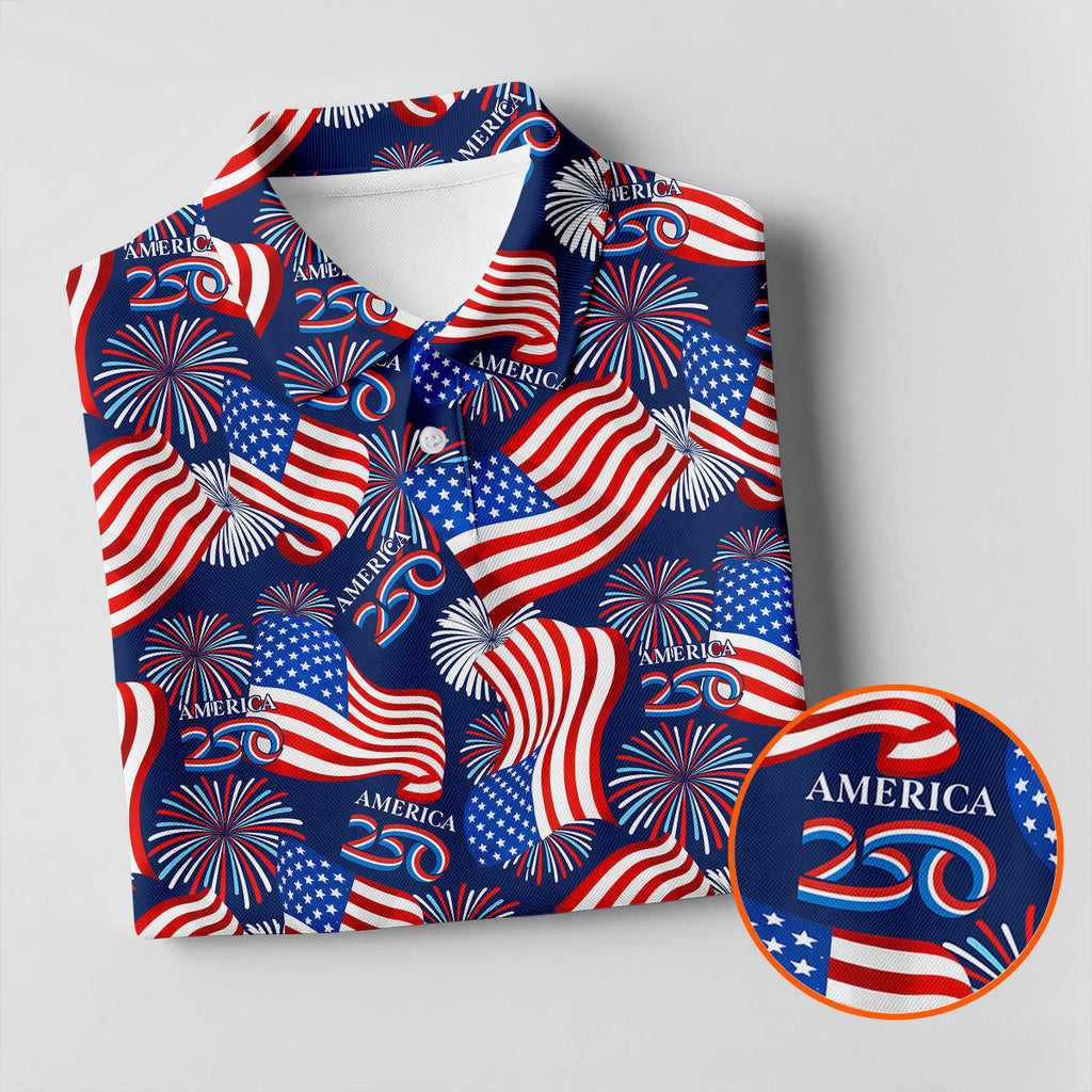 America 250 Anniversary Patriot Flag Navy Golf Shirt, Golf Tops For Men, Golf Shirts For Men