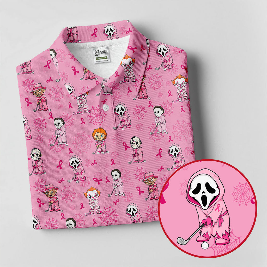 Pink Halloween Horror Breast Cancer Polo Shirt, Golf Shirts For Men, Mens Golf Shirts