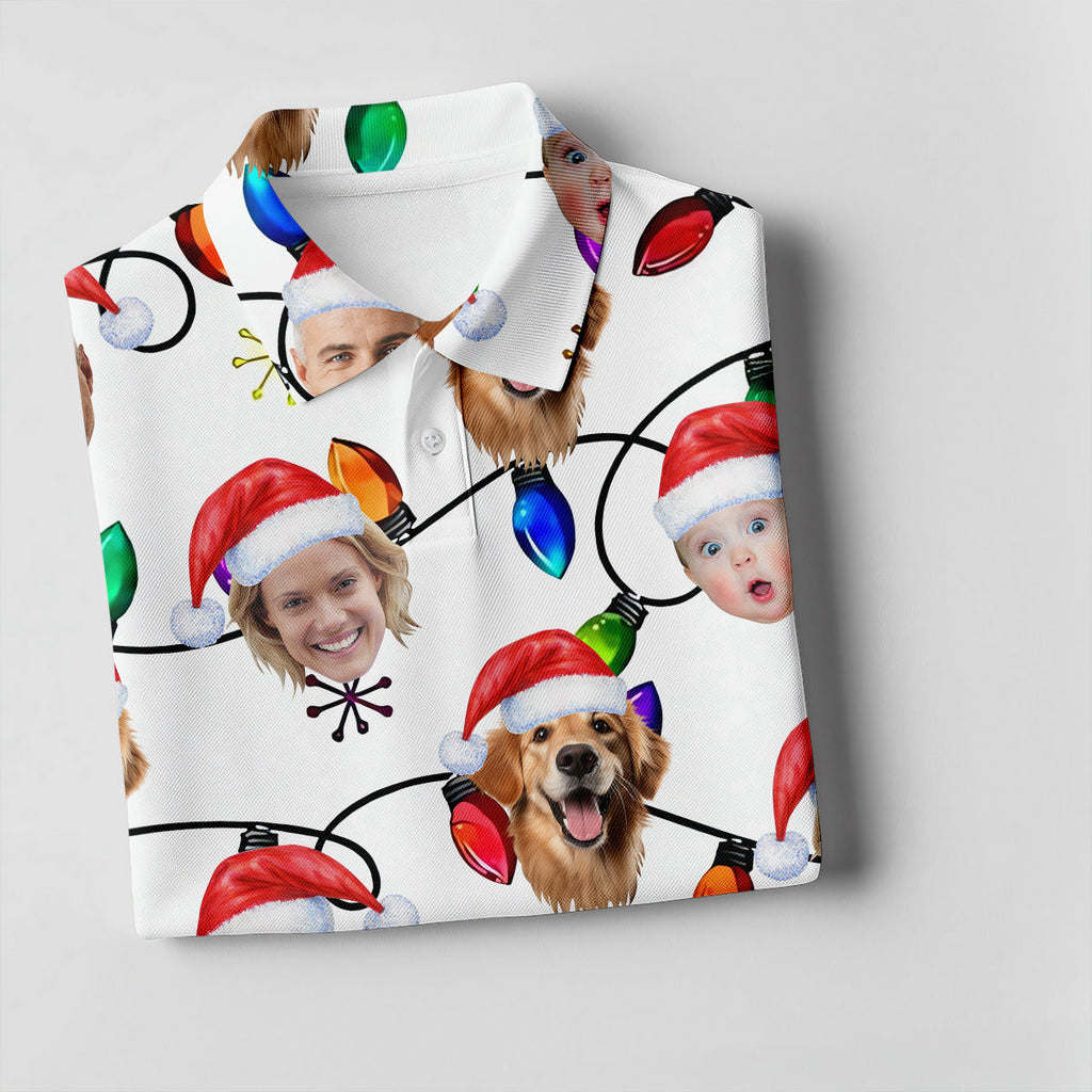Custom Family Portrait Christmas Lights Pattern Men's Golf Polo Shirts, Christmas Golf Shirt, Golf Gift For Men