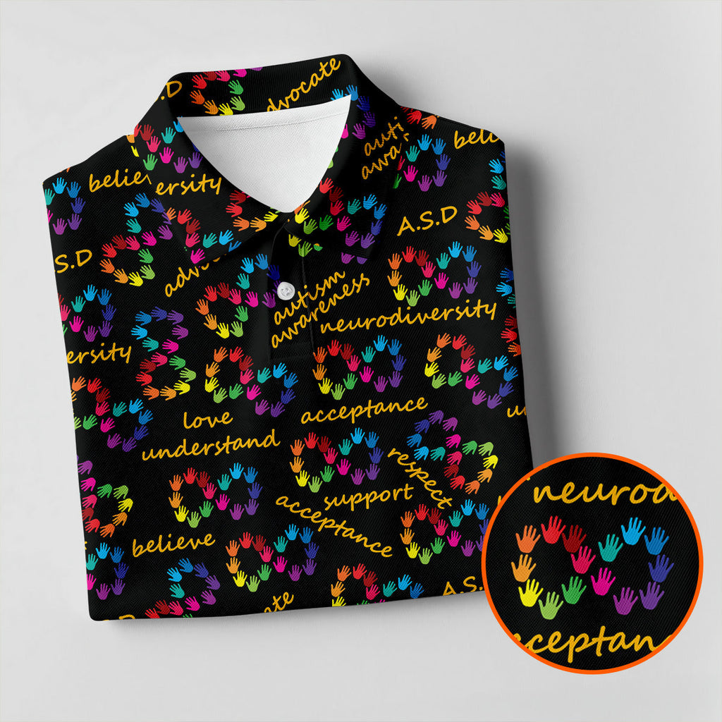 Rainbow Infinity Symbol Autism Awareness Colorful Handprint Golf Shirts For Men, Polo Shirts For Men