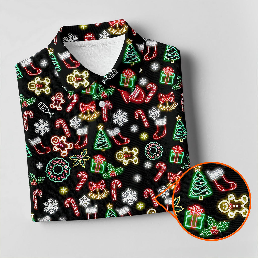Neon Christmas Pattern Black Golf Polo Shirt, Fun Men's Golf Polos, Christmas Golf Gift, Golfing Apparel