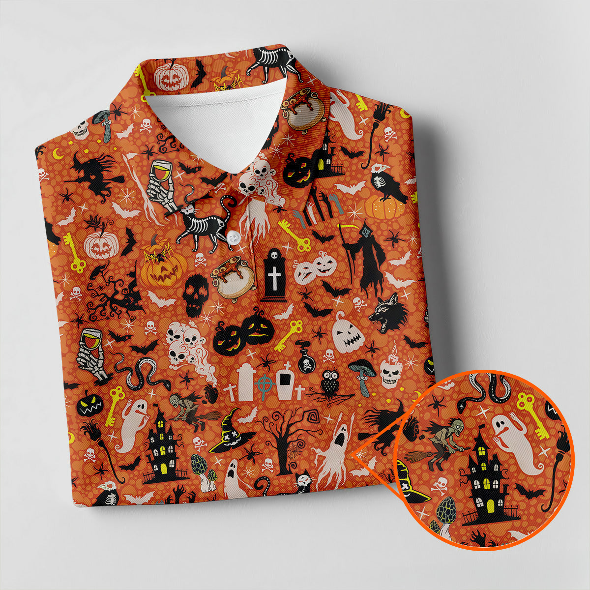 Halloween Skull Witch Cat Orange Golf Shirt, Funny Halloween Polo Shirts For Men, Golf Gift For Men